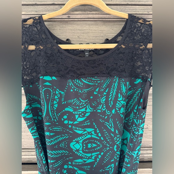 Express Floral Silk Dress EUC Black Green Paisley Lace Belted Sheath Y2k Satin - Picture 4 of 15